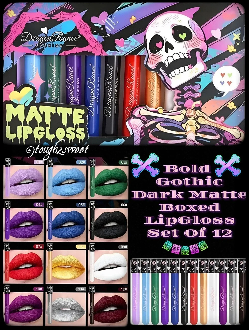🆕️LAST 1🌹BOLD GOTHIC COLORED DARK MATTE COMPLETE LIPGLOSS BOXED SET OF 12